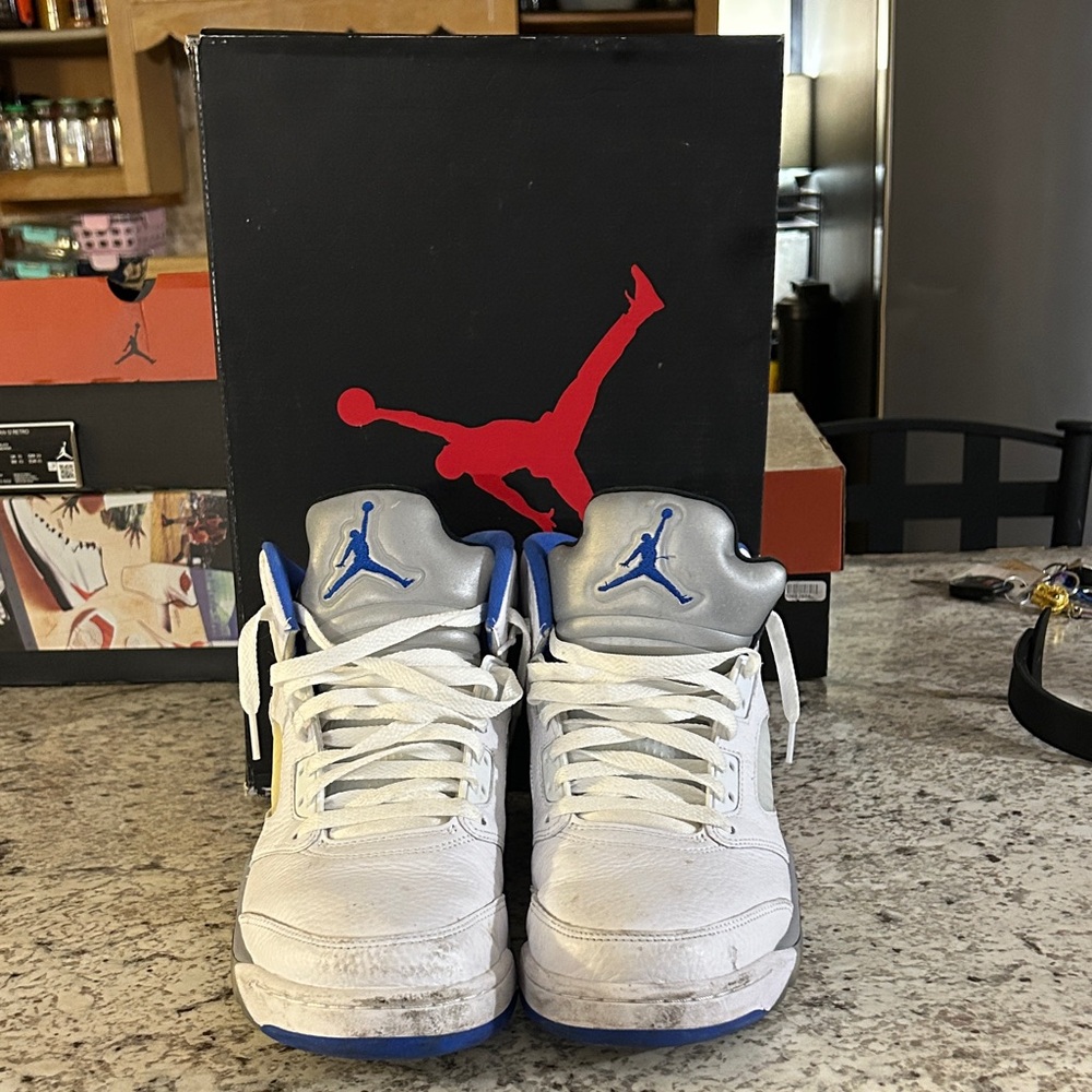 Jordan White and Blue High-Top Sneakers